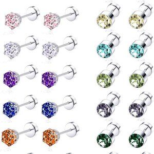 14 Pairs Stainless Steel CZ Stud Earrings Set in 14 Colors, 4mm Cubic Zirconia,